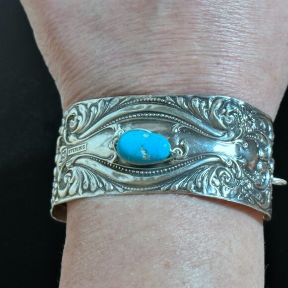 Antique Sterling Silver Cuff Bracelet Sleeping Beauty Turquoise 925 Victorian - Picture 7 of 10
